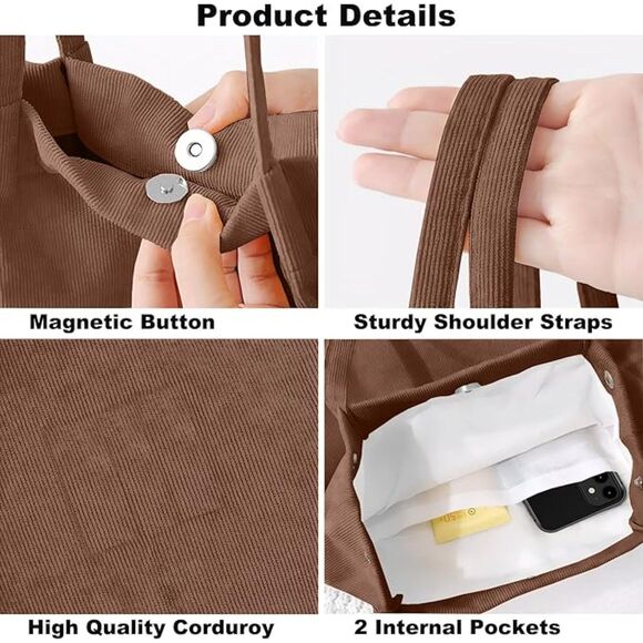 Women Brown Imported Corduroy Small Canvas Shoulder Handy Tote Bag - Picture 4 of 4